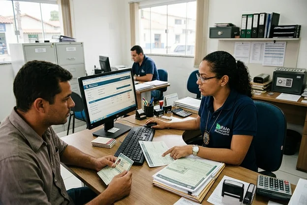 Despachante analisando documento com informações sobre multas.