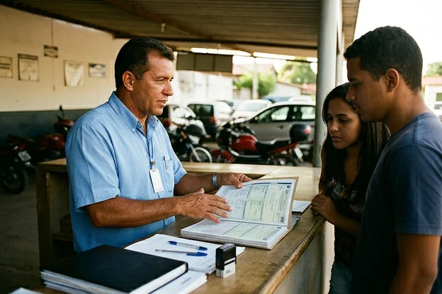 Despachante explicando o processo de regulamentação de veículos.